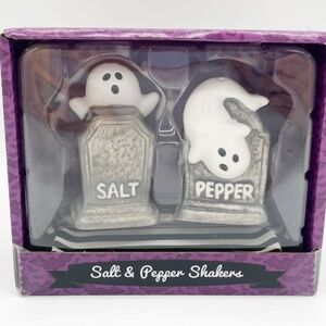 TRANSPAC HALLOWEEN SALT & PEPPER SHAKERS Graveyard GHOSTS W/TRAY NEW